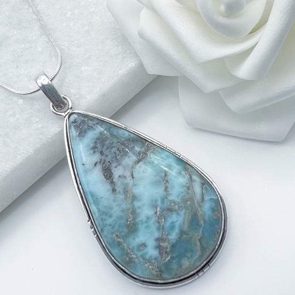 Jewelry - Large Natural Larimar Pendant Necklace Sterling Silver 925 Vintage Style New